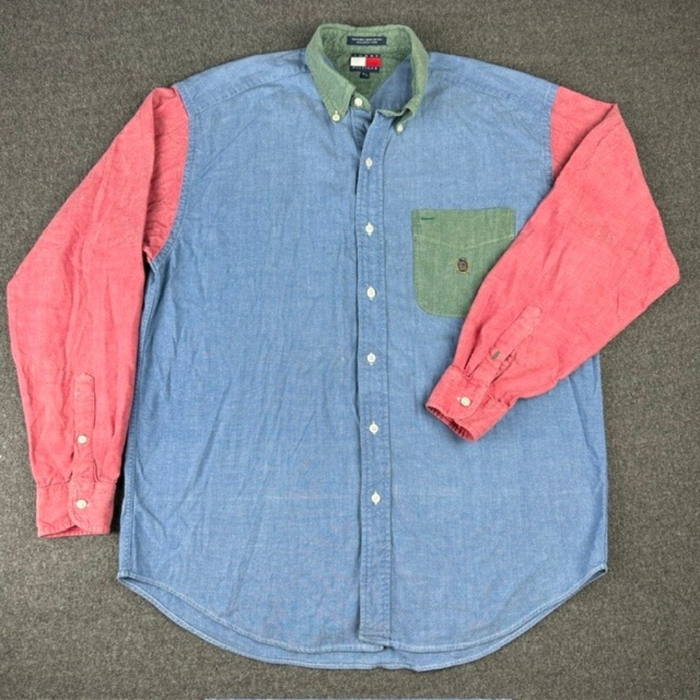 Vintage Tommy Hilfiger Colorblock Chambray Shirt Mens Medium Blue Red Green
